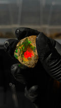 Ethiopian specimen water opal that displays vibrant, shifting colors including a bright red center and green edges.